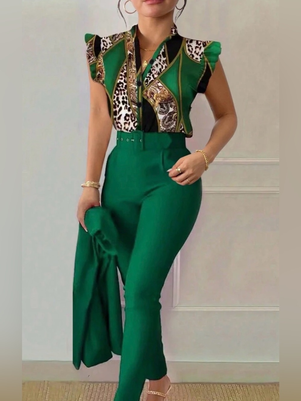 High-Waist Emerald Green Tailored Pant Set